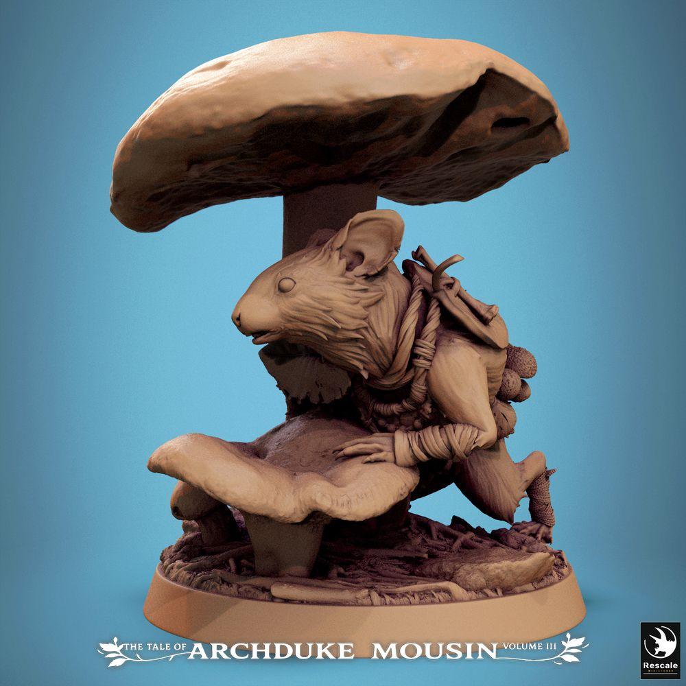 Produktfoto Tabletop 28mm Lord of the Print (LotP) 1: Fantasy Figur: Anthropomorphe Maus - Waldläufer/Ranger, Schurke, Scout im Pilzwald unter Pilzkappe, Blatt-Umhang, Scenic Base (25_07_Q21)