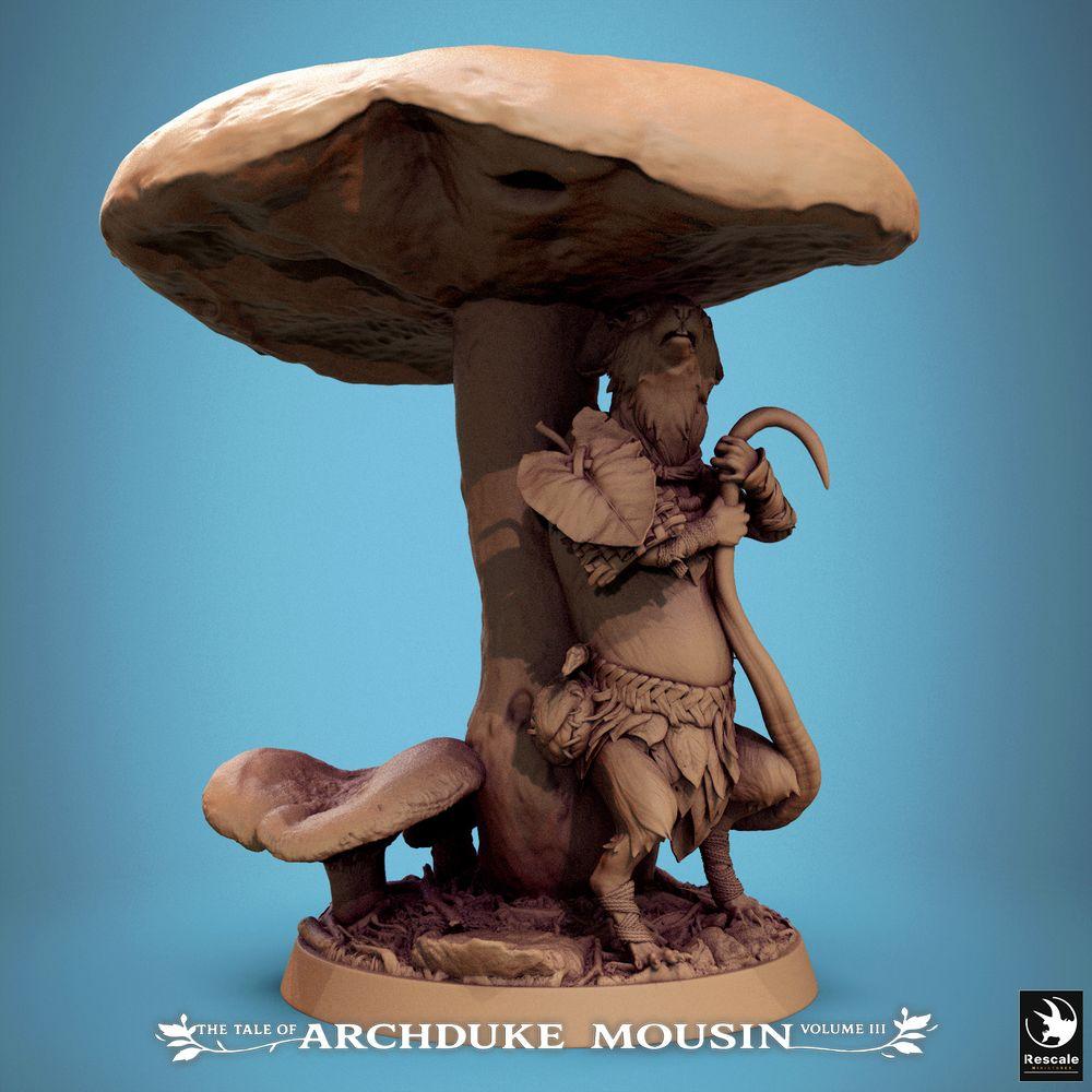 Produktfoto Tabletop 28mm Lord of the Print (LotP) 0: Tabletop Miniatur: Mäusemensch Walddruide Pilzschamane mit Stab, Waldwächter Ranger am Pilzstamm - Fantasy Wargaming, Skirmish, Dungeon, Diorama-Basis (25_07_Q23)