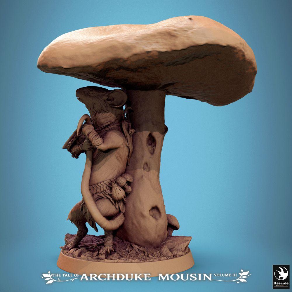 Produktfoto Tabletop 28mm Lord of the Print (LotP) 1: Tabletop Miniatur: Mäusemensch Walddruide Pilzschamane mit Stab, Waldwächter Ranger am Pilzstamm - Fantasy Wargaming, Skirmish, Dungeon, Diorama-Basis (25_07_Q23)