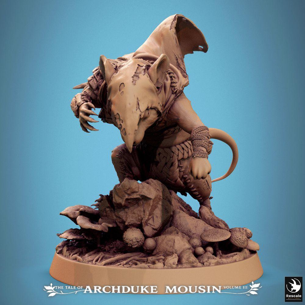 Produktfoto Tabletop 28mm Lord of the Print (LotP) 0: Tabletop Miniatur: Rattenmensch Assassine / Meuchler des Rattenvolks, hockend und sprungbereit mit Kapuze und Umhang - Tunnelspäher, Schattenläufer auf szenischer Fels-Base (25_07_Q27)