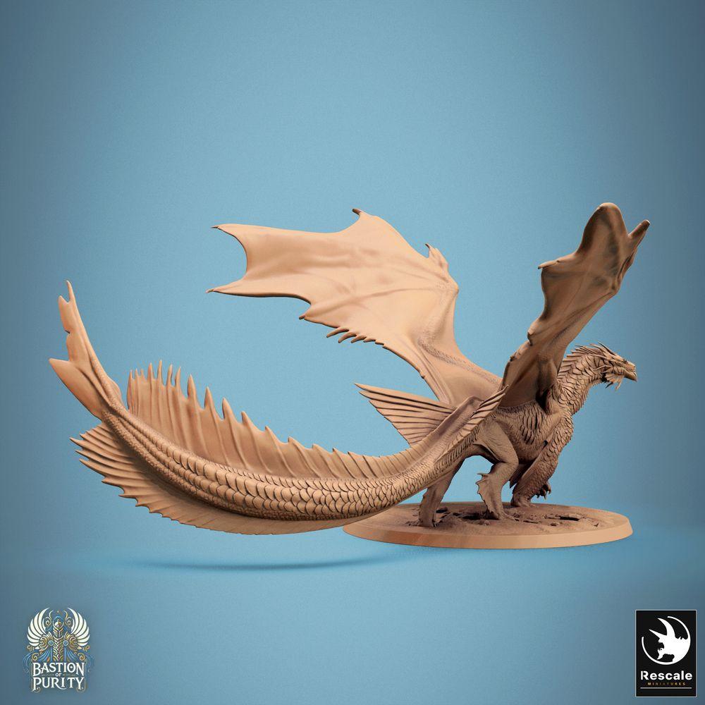 Produktfoto Tabletop 28mm Lord of the Print (LotP) 0: Fantasy Figur: Bronze Drache (Bronze Dragon), Antiker Großdrache Wyrm, Drachenältester Bossmonster, aufgerichtet brüllend mit weit ausgespannten Schwingen und angehobener Vorderkralle (24_09_E2)
