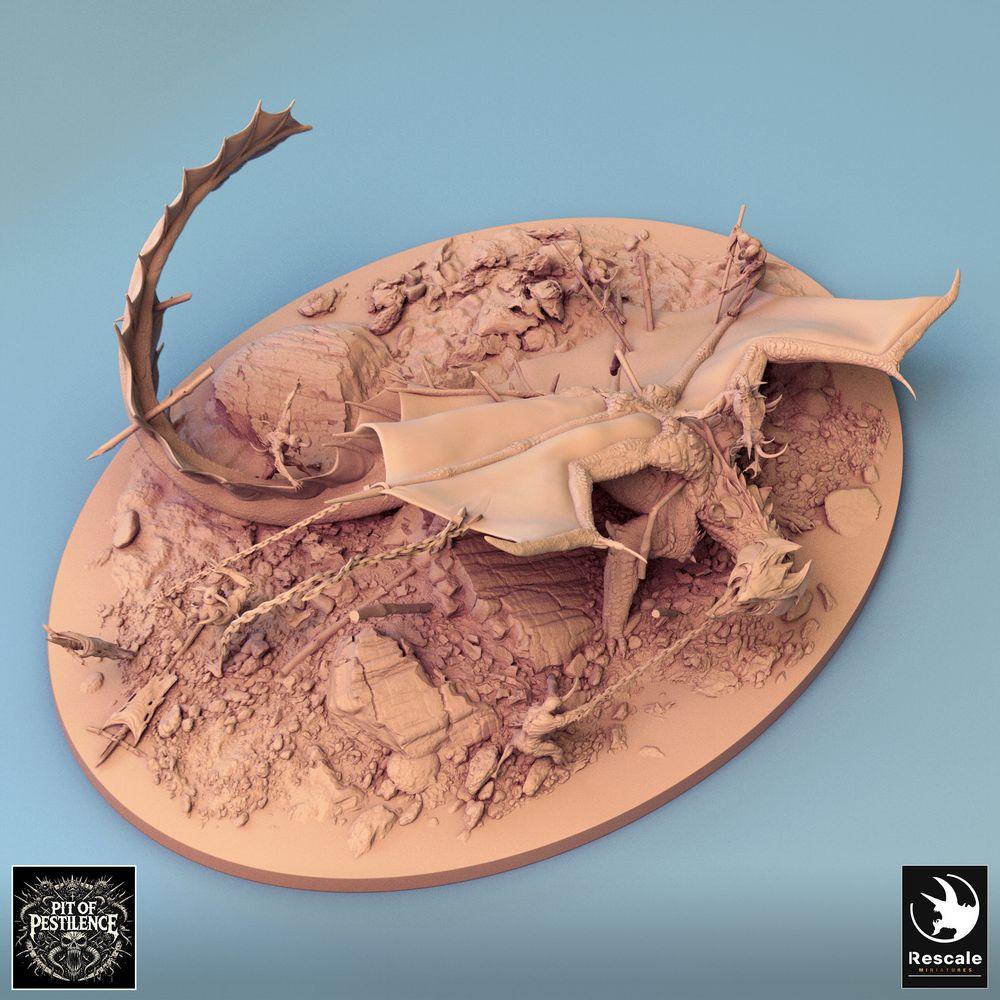 Produktfoto Tabletop 28mm Lord of the Print (LotP) 0: Tabletop Miniatur: Messingdrache Brass Dragon - Großdrache, Wyrm; Drachenjäger Boss-Encounter als Jagdszene mit Ketten und Speer auf Diorama-Base (24_08_A1)
