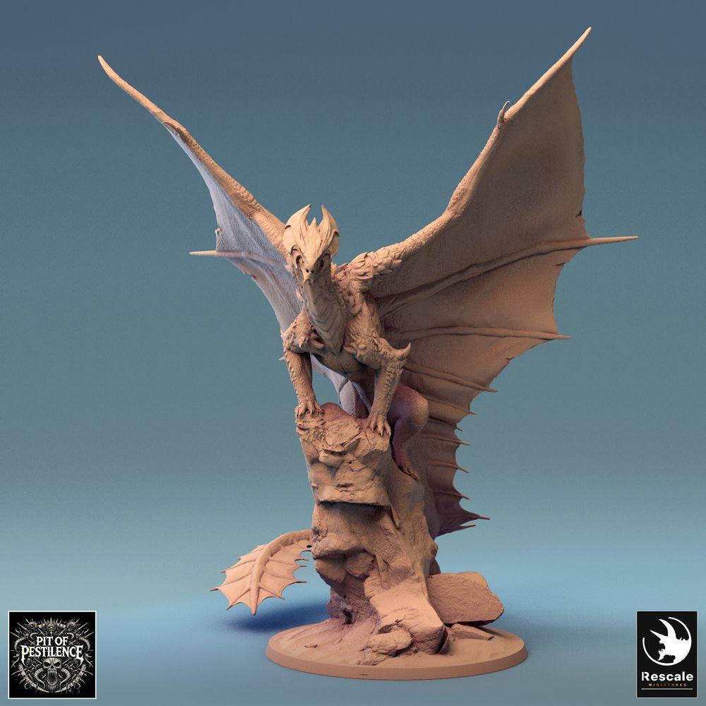 Produktfoto Tabletop 28mm Lord of the Print (LotP) 0: Tabletop Miniatur: Messingdrache Brass Dragon, Großdrache auf Fels mit ausgebreiteten Schwingen - Bossmonster, Flugkreatur, Drachenbestie, Diorama-Base (24_08_A2)
