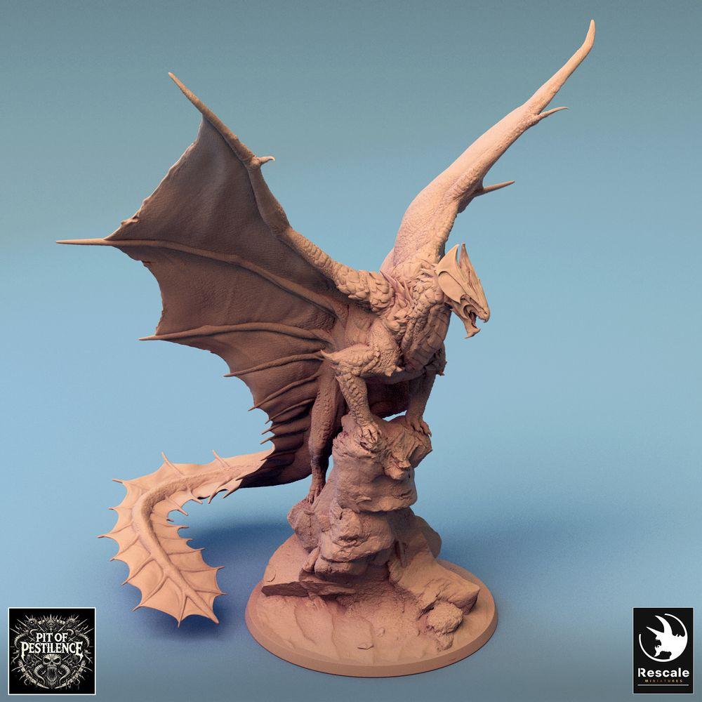 Produktfoto Tabletop 28mm Lord of the Print (LotP) 2: Fantasy Figur: Legendärer Drache/Dragon auf Fels-Diorama, geflügelte Drachenbestie in Sprungpose, wyvern-ähnliches Boss-Monster (24_08_J)