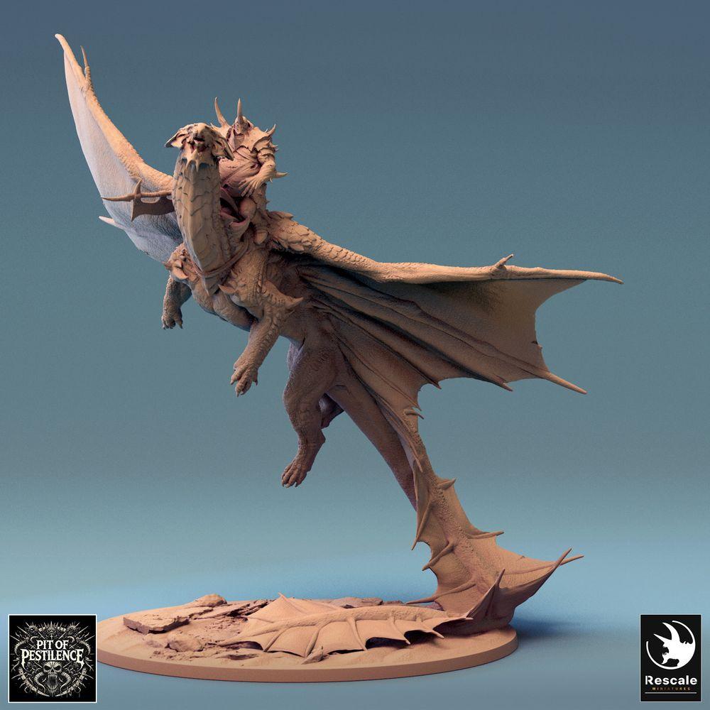 Produktfoto Tabletop 28mm Lord of the Print (LotP) 0: Fantasy Miniatur: Drachenreiter auf Wyvern - Messingdrache Brass Dragon im Steigflug, Chaos-Ritter Boss/Held, Luftkavallerie für Wargame/Skirmish (24_08_A3)