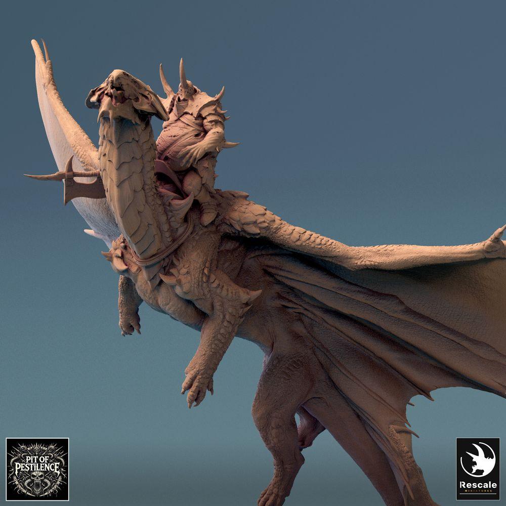 Produktfoto Tabletop 28mm Lord of the Print (LotP) 0: Fantasy Miniatur: Drachenreiter auf Wyvern - Messingdrache Brass Dragon im Steigflug, Chaos-Ritter Boss/Held, Luftkavallerie für Wargame/Skirmish (24_08_A3)