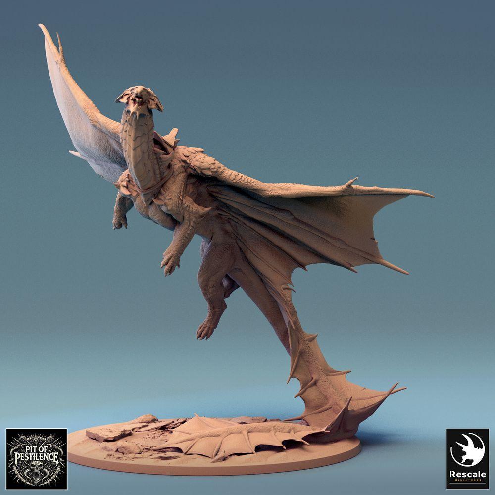 Produktfoto Tabletop 28mm Lord of the Print (LotP) 0: Fantasy Miniatur: Drachenreiter auf Wyvern - Messingdrache Brass Dragon im Steigflug, Chaos-Ritter Boss/Held, Luftkavallerie für Wargame/Skirmish (24_08_A3)