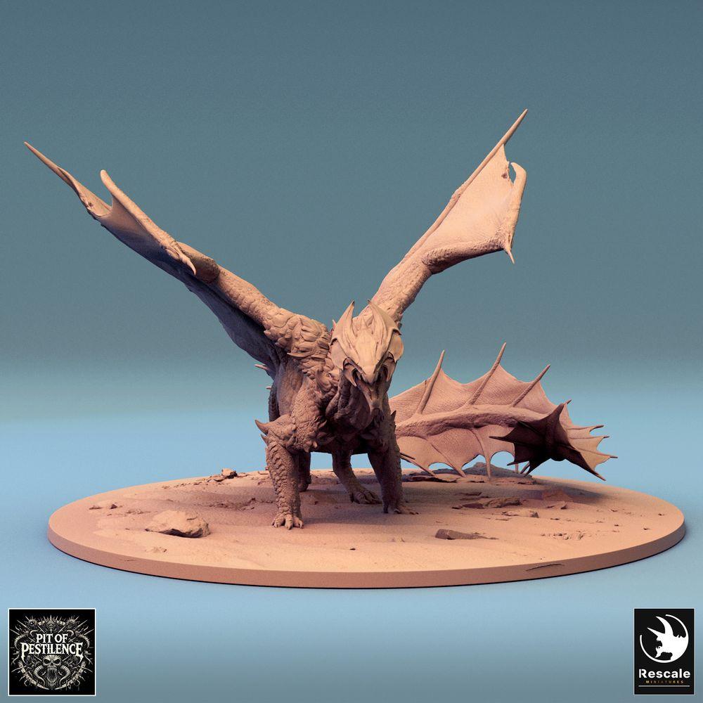 Produktfoto Tabletop 28mm Lord of the Print (LotP) 0: Tabletop Miniatur: Großdrache Wyvern, geduckte Kampfpose mit ausgebreiteten Flügeln, Bossmonster Drachenfigur (24_08_A4)