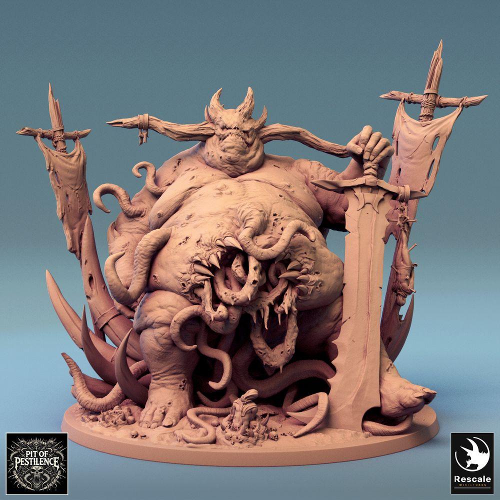 Produktfoto Tabletop 28mm Lord of the Print (LotP) 0: Tabletop Miniatur: Pestdämon Seuchenfürst, Chaos-Großdämon und Tentakel-Abomination mit Zweihandschwert und Standarten, Bossmonster (24_08_B2)