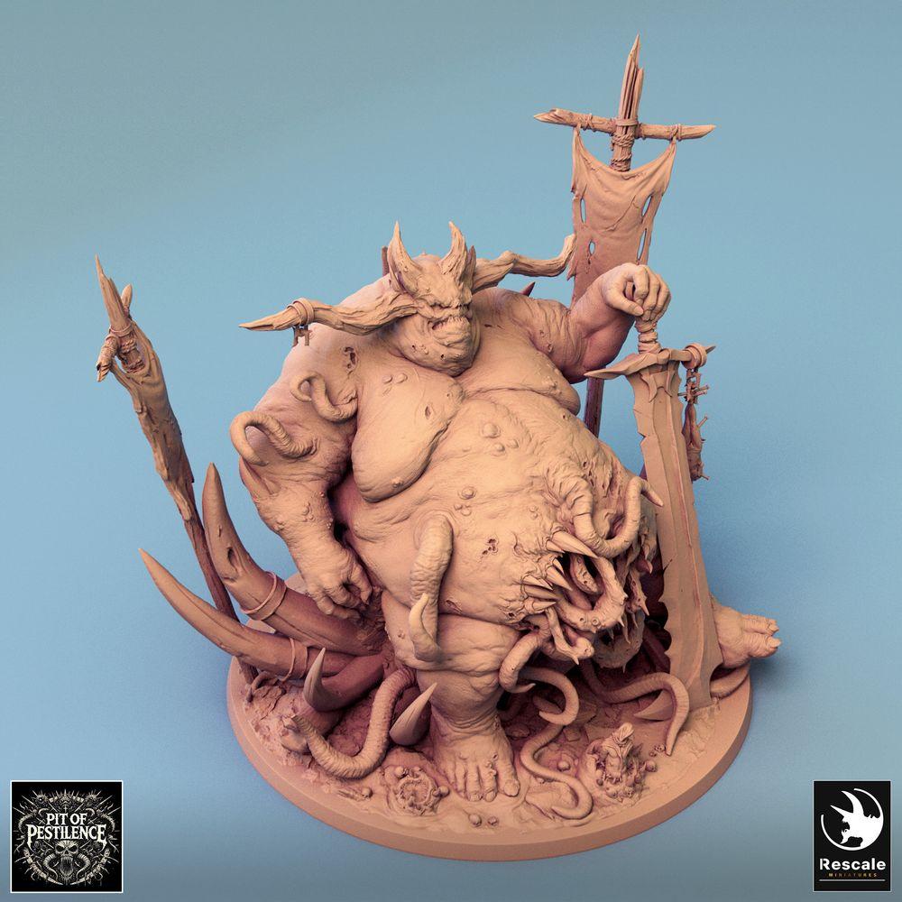 Produktfoto Tabletop 28mm Lord of the Print (LotP) 0: Tabletop Miniatur: Pestdämon Seuchenfürst, Chaos-Großdämon und Tentakel-Abomination mit Zweihandschwert und Standarten, Bossmonster (24_08_B2)