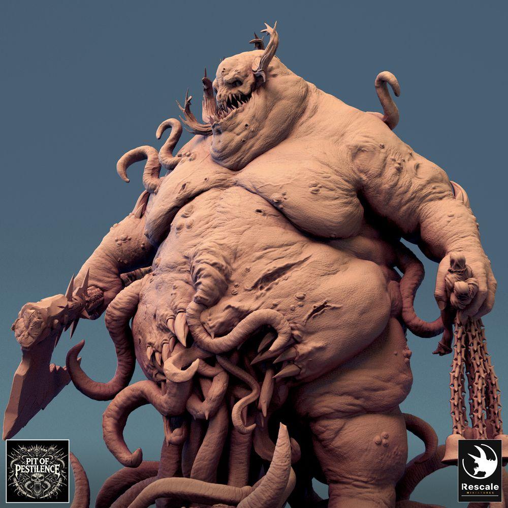 Produktfoto Tabletop 28mm Lord of the Print (LotP) 0: Tabletop Miniatur: Pestdämon / Seuchenfürst, Tentakel-Horror mit Spaltaxt und Kettenwaffe, Boss-Monster für Wargaming (24_08_B3)