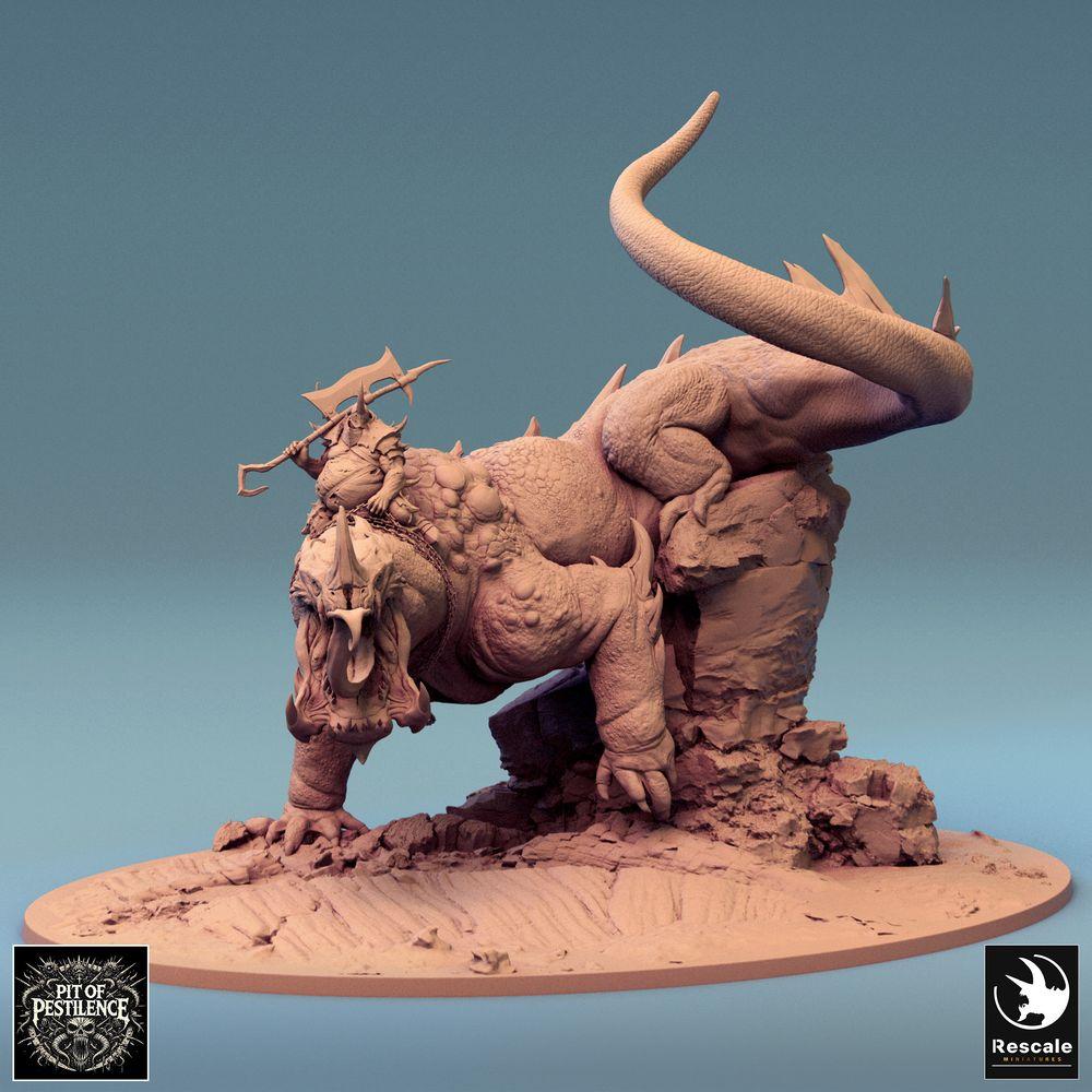 Produktfoto Tabletop 28mm Lord of the Print (LotP) 0: Tabletop Miniatur: Bestienreiter auf Echsenbestie - Barbaren-Champion mit Hellebarde, dämonisches Reittier, Bossmonster, szenische Base (24_08_C1)