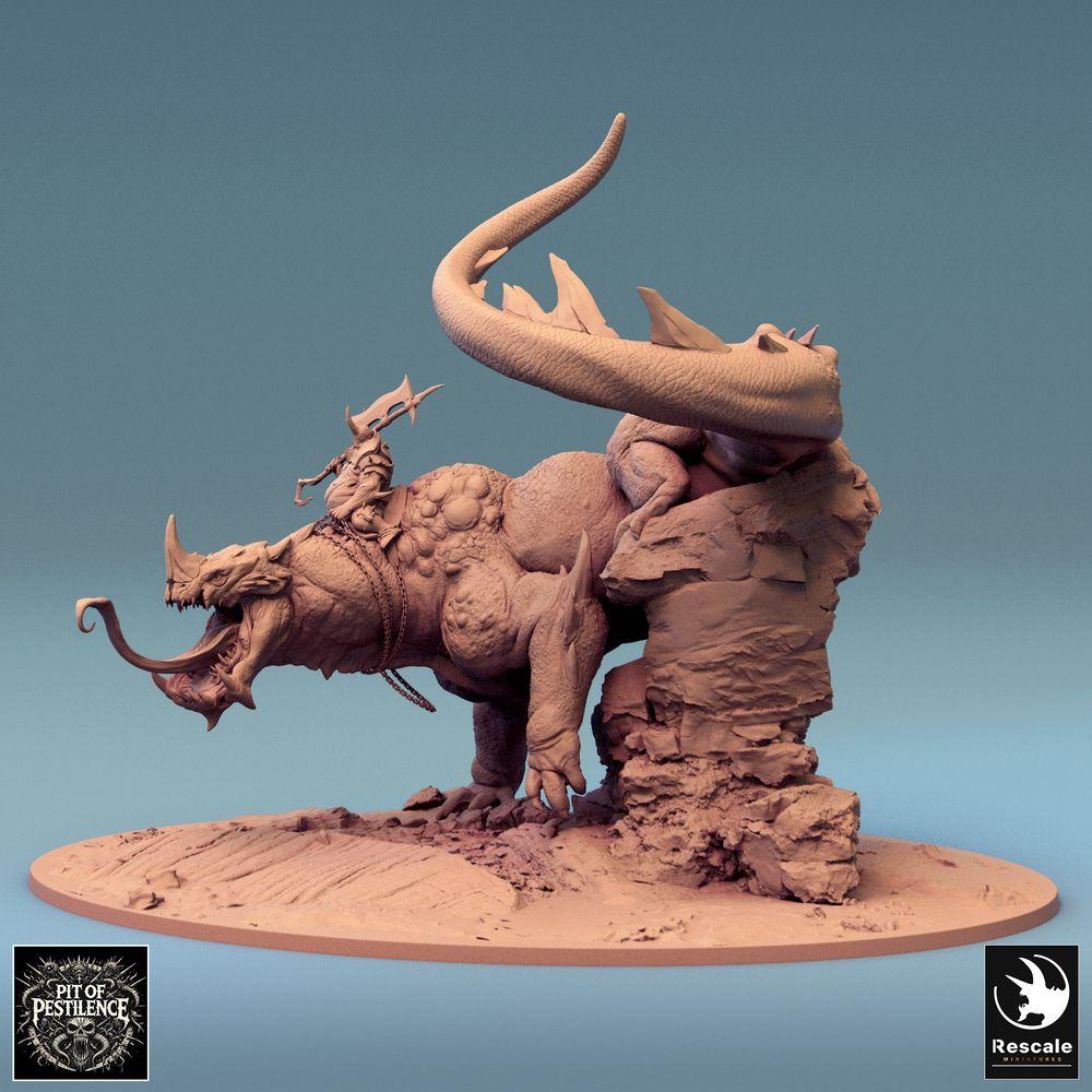 Produktfoto Tabletop 28mm Lord of the Print (LotP) 0: Tabletop Miniatur: Bestienreiter auf Echsenbestie - Barbaren-Champion mit Hellebarde, dämonisches Reittier, Bossmonster, szenische Base (24_08_C1)