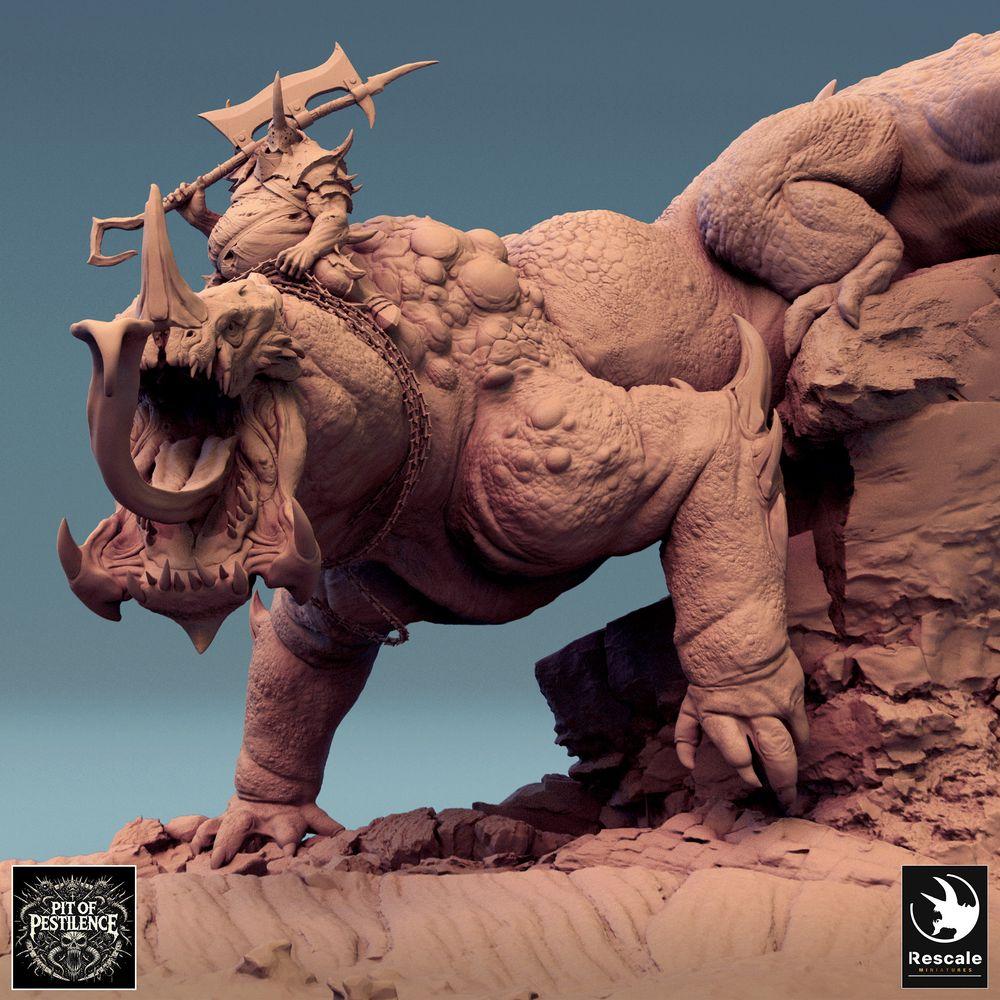 Produktfoto Tabletop 28mm Lord of the Print (LotP) 0: Tabletop Miniatur: Bestienreiter auf Echsenbestie - Barbaren-Champion mit Hellebarde, dämonisches Reittier, Bossmonster, szenische Base (24_08_C1)