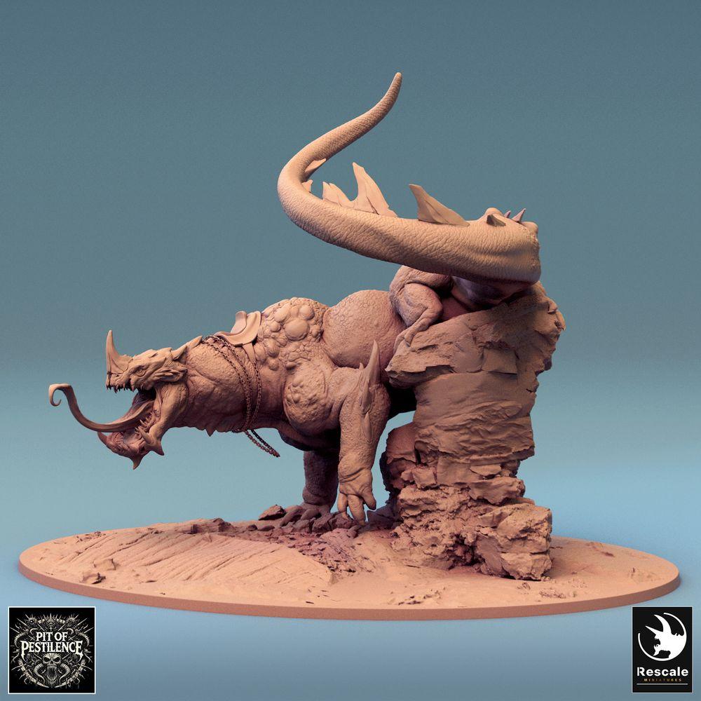 Produktfoto Tabletop 28mm Lord of the Print (LotP) 0: Tabletop Miniatur: Bestienreiter auf Echsenbestie - Barbaren-Champion mit Hellebarde, dämonisches Reittier, Bossmonster, szenische Base (24_08_C1)