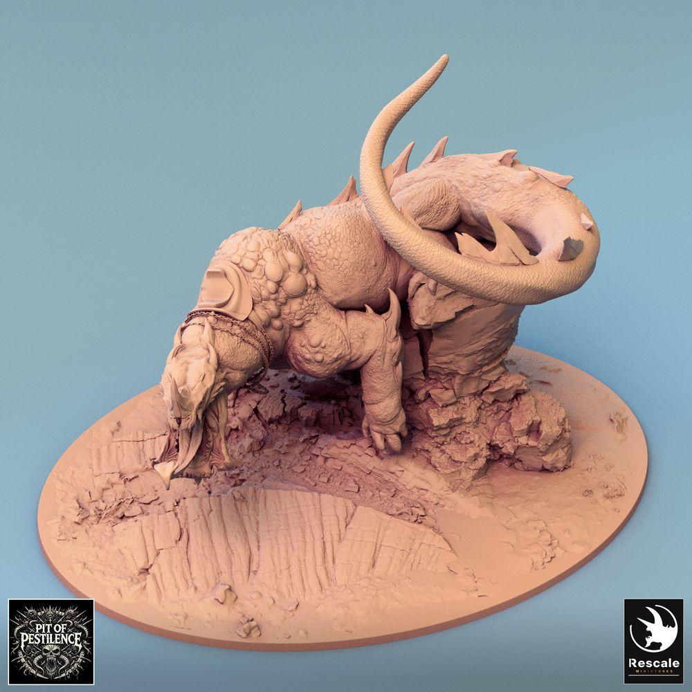 Produktfoto Tabletop 28mm Lord of the Print (LotP) 0: Tabletop Miniatur: Bestienreiter auf Echsenbestie - Barbaren-Champion mit Hellebarde, dämonisches Reittier, Bossmonster, szenische Base (24_08_C1)