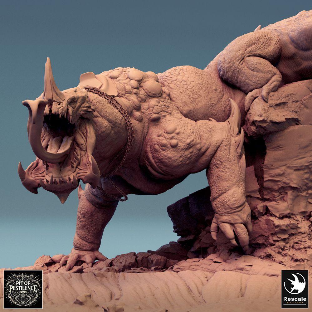 Produktfoto Tabletop 28mm Lord of the Print (LotP) 0: Tabletop Miniatur: Bestienreiter auf Echsenbestie - Barbaren-Champion mit Hellebarde, dämonisches Reittier, Bossmonster, szenische Base (24_08_C1)