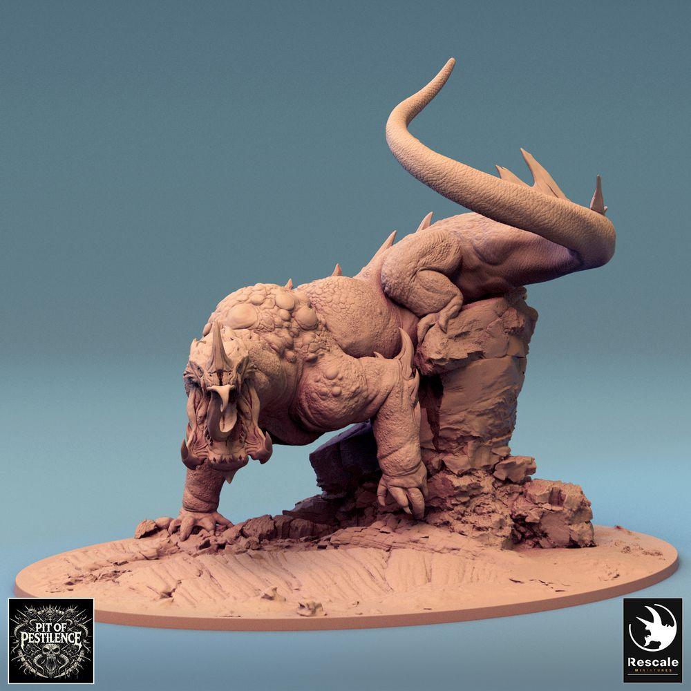Produktfoto Tabletop 28mm Lord of the Print (LotP) 0: Tabletop Miniatur: Bestienreiter auf Echsenbestie - Barbaren-Champion mit Hellebarde, dämonisches Reittier, Bossmonster, szenische Base (24_08_C1)