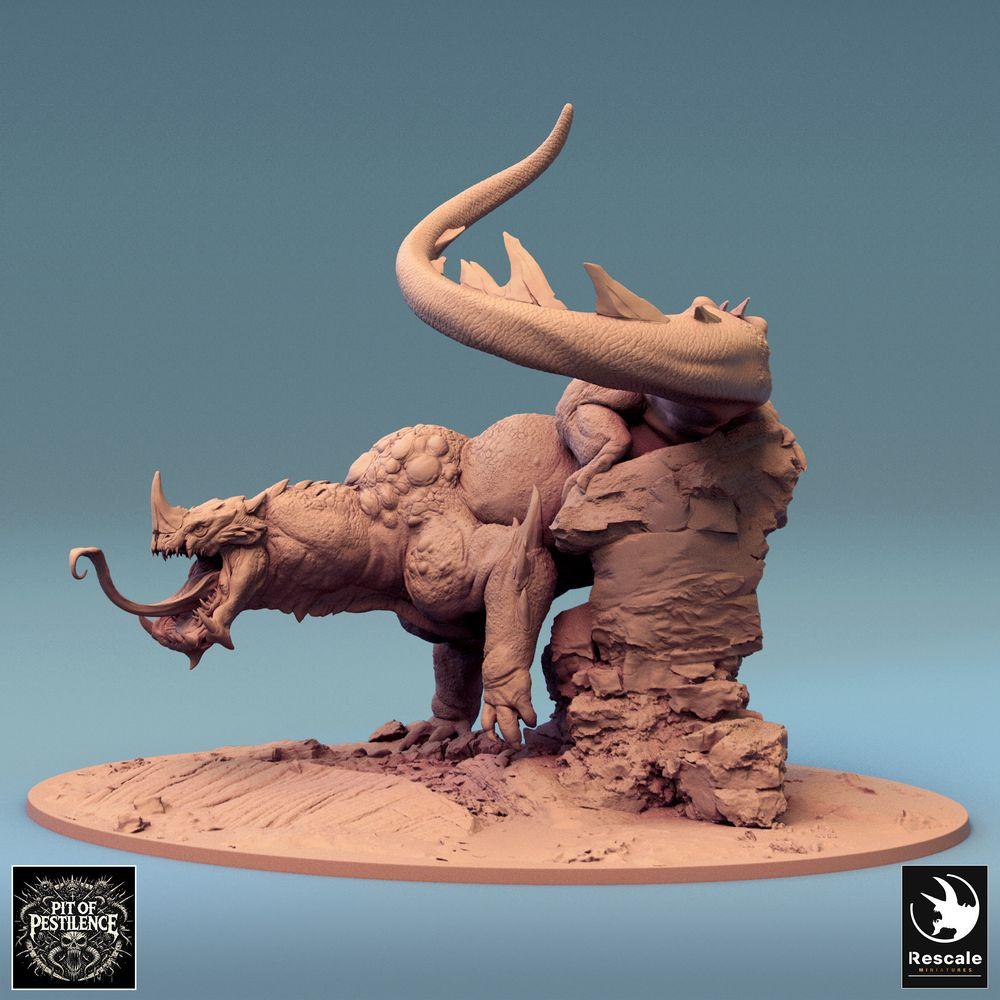 Produktfoto Tabletop 28mm Lord of the Print (LotP) 0: Tabletop Miniatur: Bestienreiter auf Echsenbestie - Barbaren-Champion mit Hellebarde, dämonisches Reittier, Bossmonster, szenische Base (24_08_C1)