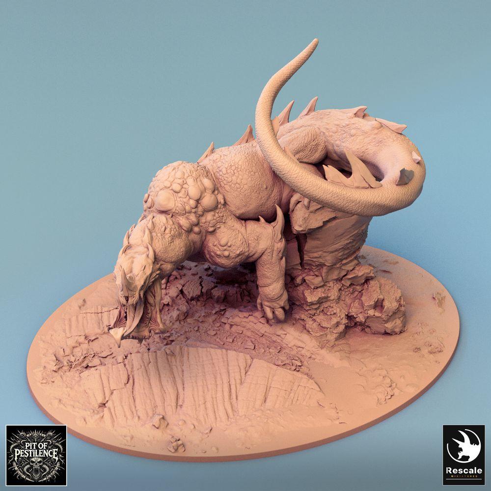 Produktfoto Tabletop 28mm Lord of the Print (LotP) 0: Tabletop Miniatur: Bestienreiter auf Echsenbestie - Barbaren-Champion mit Hellebarde, dämonisches Reittier, Bossmonster, szenische Base (24_08_C1)