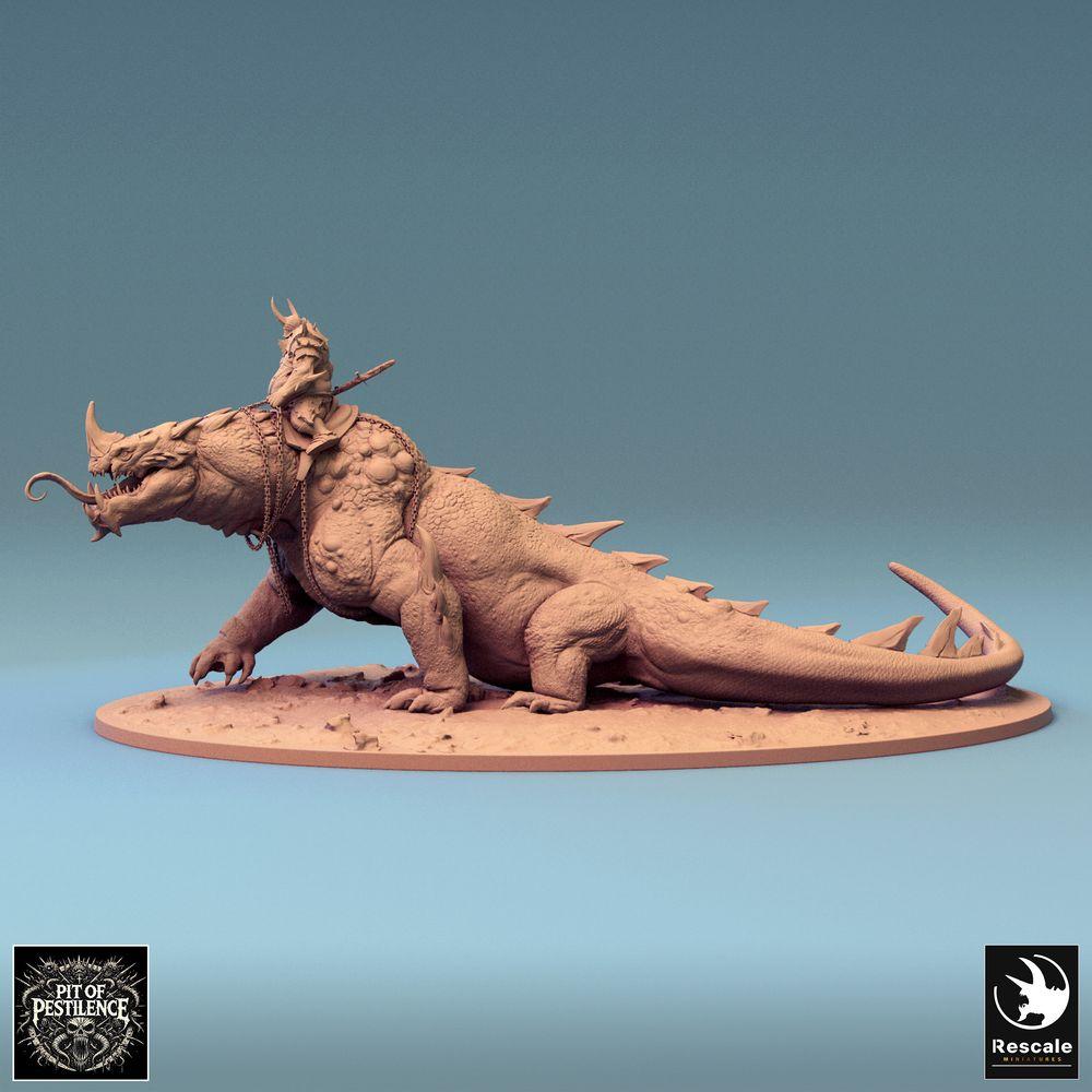 Produktfoto Tabletop 28mm Lord of the Print (LotP) 0: Tabletop Miniatur: Barbarenreiter auf Sumpfbestie - Reptilienungeheuer Kriegssaurier, Warbeast mit Speer, Ketten- und Sattelpanzer (24_08_C2)