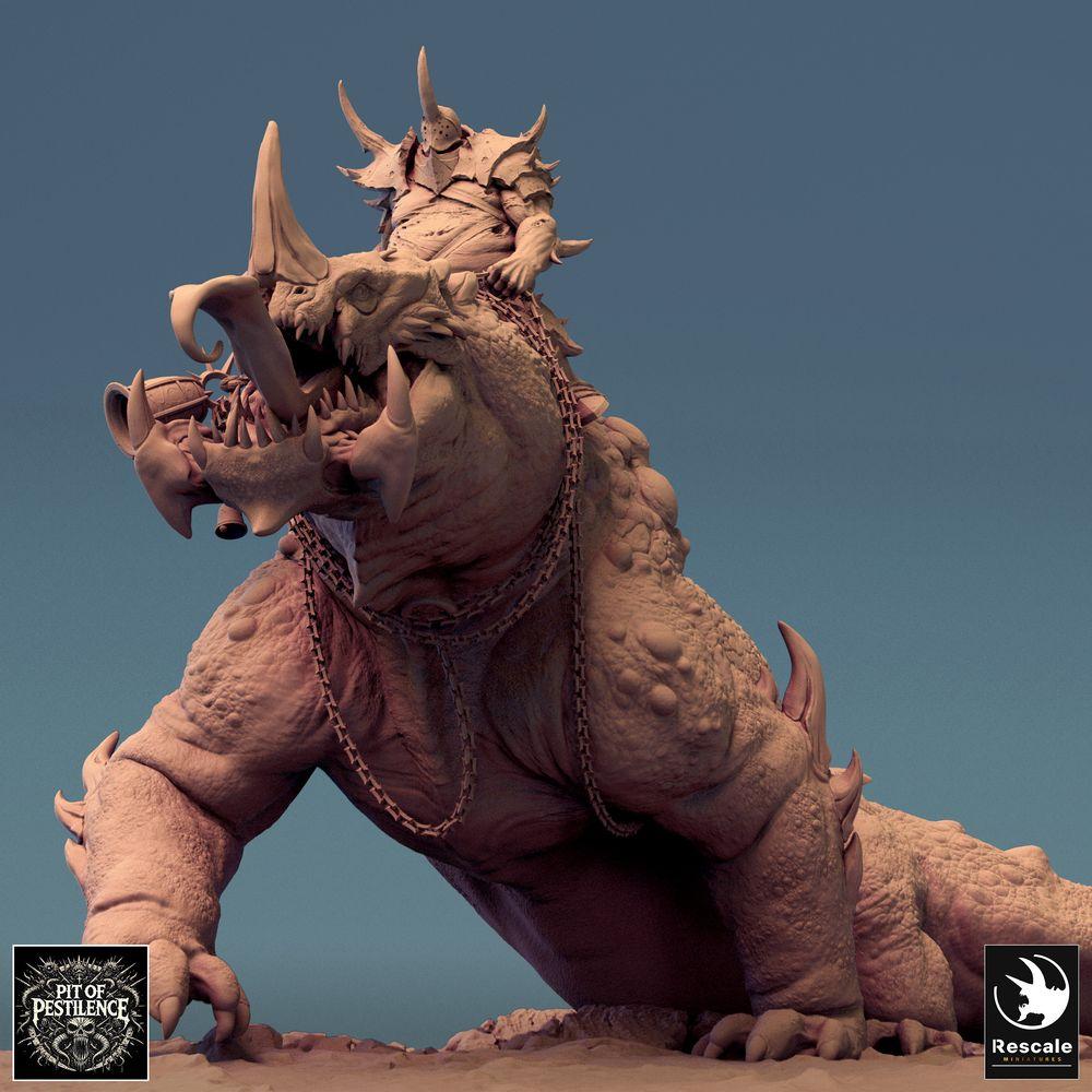 Produktfoto Tabletop 28mm Lord of the Print (LotP) 0: Tabletop Miniatur: Barbarenreiter auf Sumpfbestie - Reptilienungeheuer Kriegssaurier, Warbeast mit Speer, Ketten- und Sattelpanzer (24_08_C2)