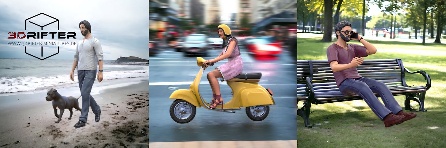 Bildbanner Onlineshop 3d-gedruckte Resin Miniaturfiguren: drei Figuren in Collage. Mann mit Hund, Frau auf Vespa und Mann auf Parkbank. 