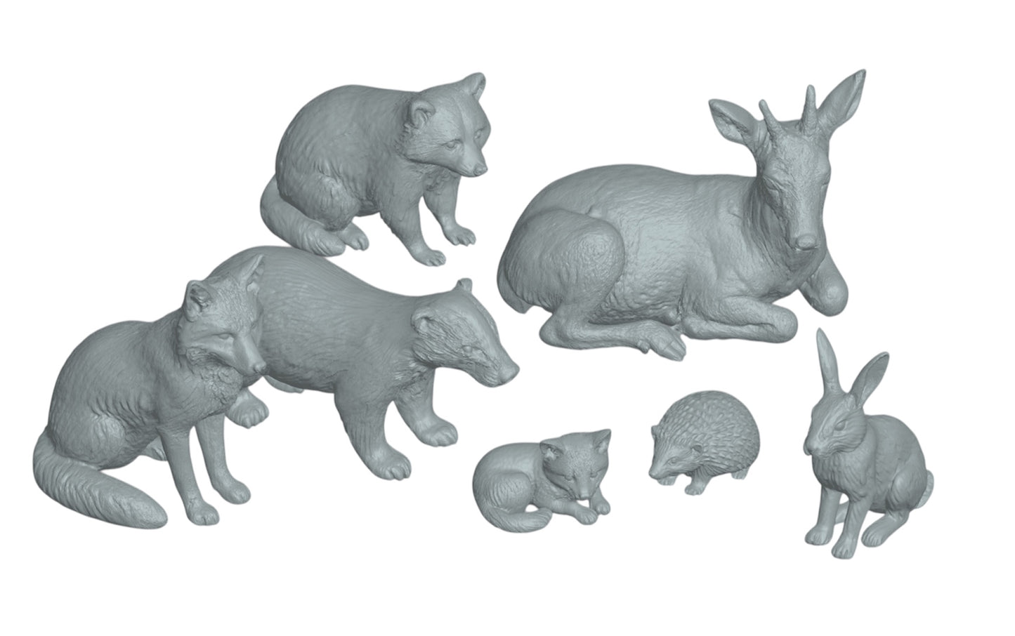 Produktfoto Tier Figur Diorama, Modellbau: 0: 7 Wildtier Wald-Figuren: Fuchs, Dachs, Reh, Igel und Hase  (Achtung extrem klein!) (Ref a053)