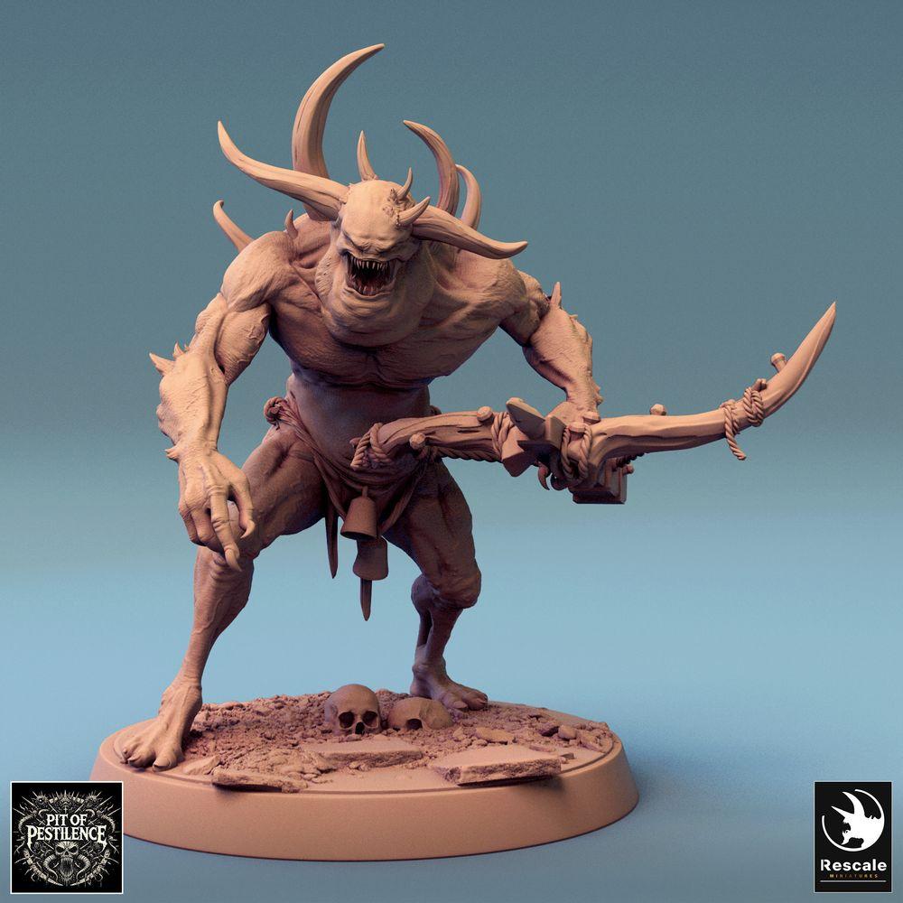 Produktfoto Tabletop 28mm Lord of the Print (LotP) 0: Tabletop Miniatur: Titanendämon, Chaosmonster, Höllenbestie - Boss-Monster mit zweihändiger Glevensichel, Hörnern und Klauen (24_08_F6)