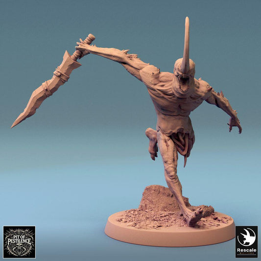 Produktfoto Tabletop 28mm Lord of the Print (LotP) 0: Tabletop Miniatur: Dämonischer Schlachter, Mutantenkreatur aus dem Abgrund mit gezacktem Schwert im Sprungangriff, Nahkampf-Boss (24_08_F17)