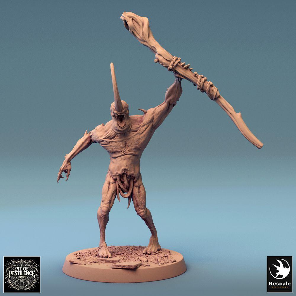Produktfoto Tabletop 28mm Lord of the Print (LotP) 0: Fantasy Figur: Dämonenbrut / Chaosbestie, Abscheulichkeit, Berserker mit Knochenkeule in Überkopfhieb-Pose, Boss-Monster für Skirmish, Wargame und Dungeon-Crawl (24_08_F18)