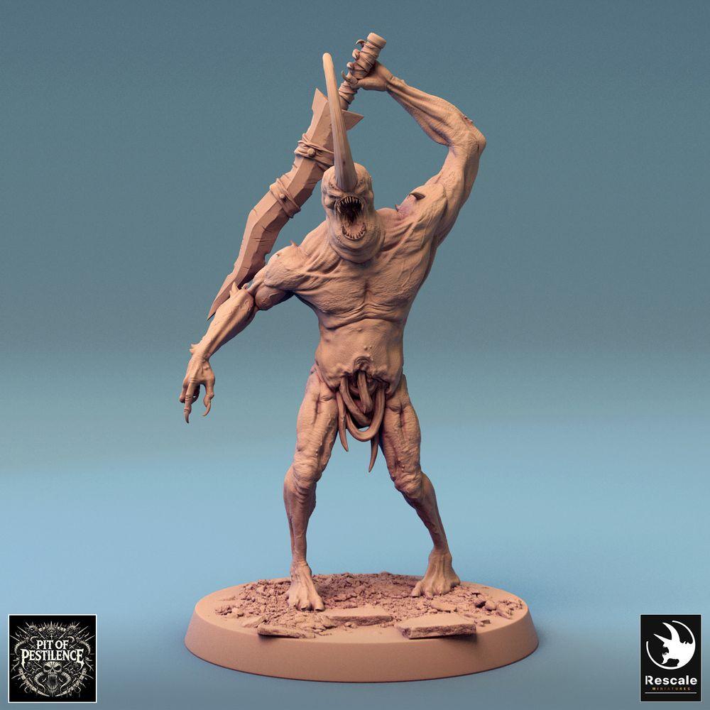 Produktfoto Tabletop 28mm Lord of the Print (LotP) 0: Tabletop Miniatur: Horndämon Dämonenbrut - Mutanten-Berserker mit zweihändiger, gezackter Großklinge, Bossgegner im Nahkampf (24_08_F19)