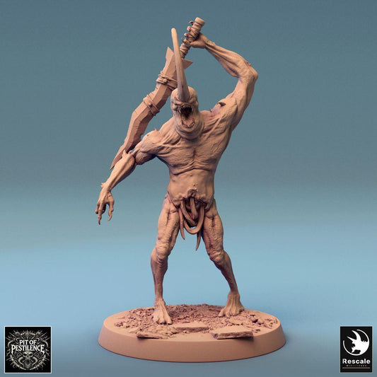 Produktfoto Tabletop 28mm Lord of the Print (LotP) 0: Tabletop Miniatur: Horndämon Dämonenbrut - Mutanten-Berserker mit zweihändiger, gezackter Großklinge, Bossgegner im Nahkampf (24_08_F19)