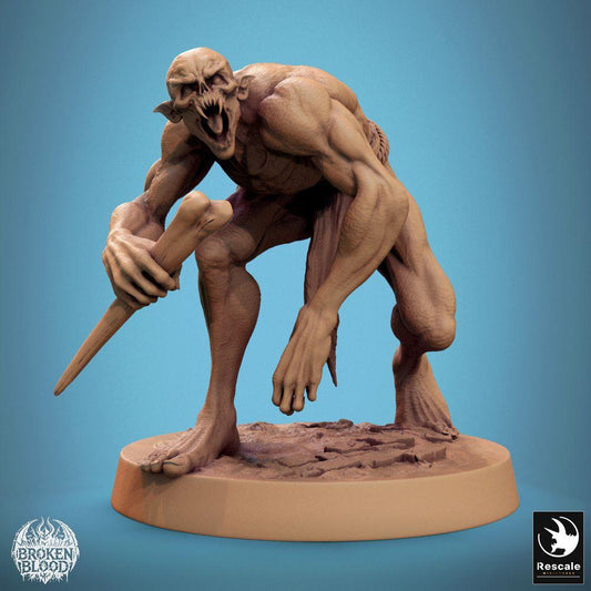 Produktfoto Tabletop 28mm Lord of the Print (LotP) 0: Fantasy Miniatur: Wilder Ghoul Savage Ghoul - kauernde Höhlenbestie mit Keule, Dämonenbrut, Dungeon-Bossmonster (24_11_B13)