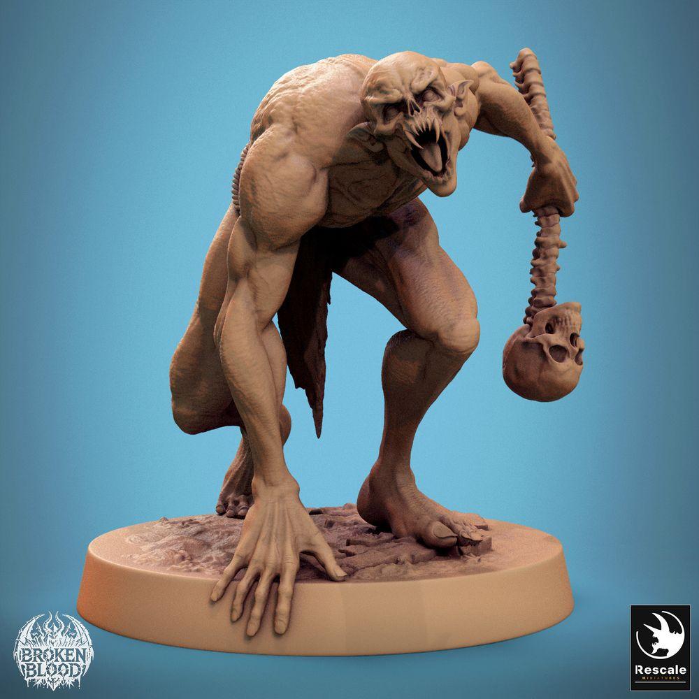 Produktfoto Tabletop 28mm Lord of the Print (LotP) 0: Tabletop Miniatur: Wilder Ghul/Ghoul, Gruftschrecken-Unhold - geduckter Vorwärtsangriff, brüllend, mit Knochenkeule aus Wirbelsäule und Schädel (24_11_B17)