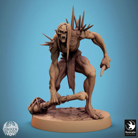 Produktfoto Tabletop 28mm Lord of the Print (LotP) 0: Fantasy Figur: Wilder Ghoul-Krieger mit Knochenkeule und Knochendolch - Untoter Mutant, Stachelhorror, Dungeon-Boss (24_11_B21)