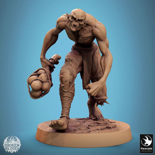 Produktfoto Tabletop 28mm Lord of the Print (LotP) 0: Tabletop Miniatur: Wilder Ghoul-Berserker (Savage Ghoul), untoter Koloss mit Schädel-Trophäenbeutel und Stachel-Schlagfaust (24_11_B27)