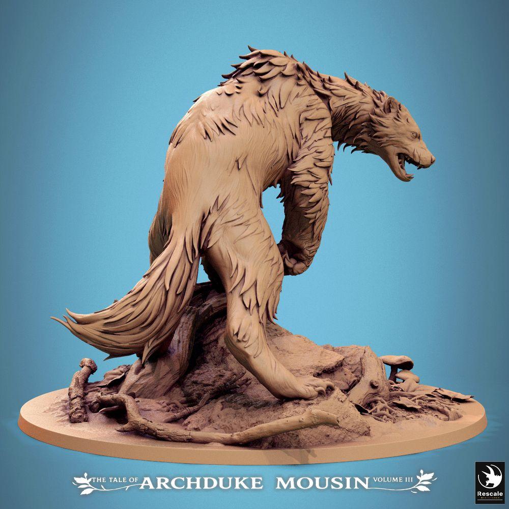 Produktfoto Tabletop 28mm Lord of the Print (LotP) 1: Tabletop Miniatur: Schreckensbär / Werbär / Bärenunhold - Waldbestie, Monster-Miniatur mit langen Krallen und Reißzähnen, raubtierhaft geduckt auf umgestürztem Baumstamm (25_07_A1)