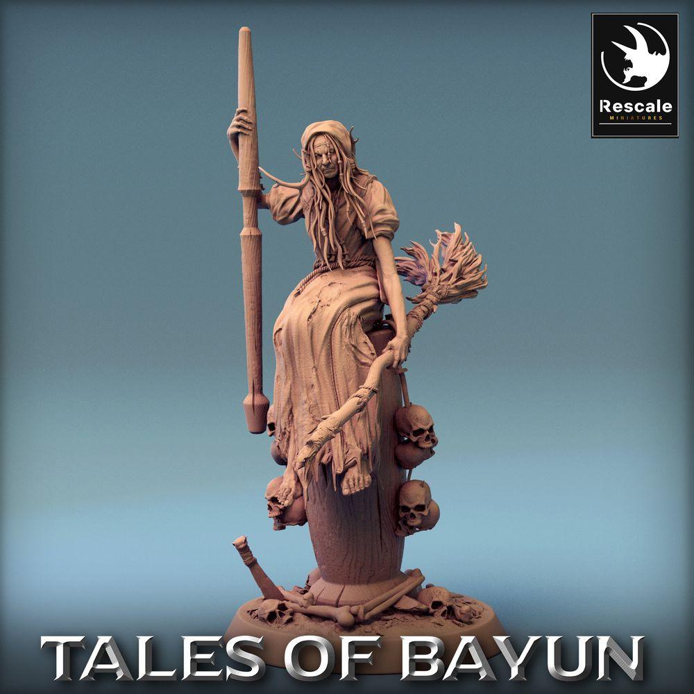 Produktfoto Tabletop 28mm Lord of the Print (LotP) 0: Tabletop Miniatur: Hexe Baba Yaga Baba Jaga, Nekromantin und Totenbeschwörerin auf Mörser mit Stößel und Besen (24_01_N)