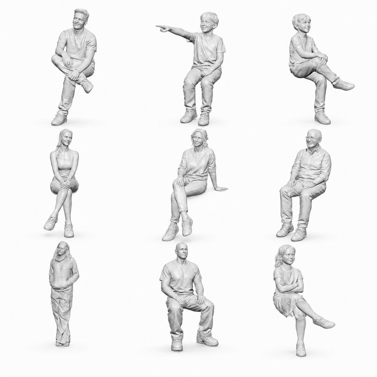 Sitzende Figuren und Passanten – 9 unbemalte Resinfiguren in offener Übersicht
