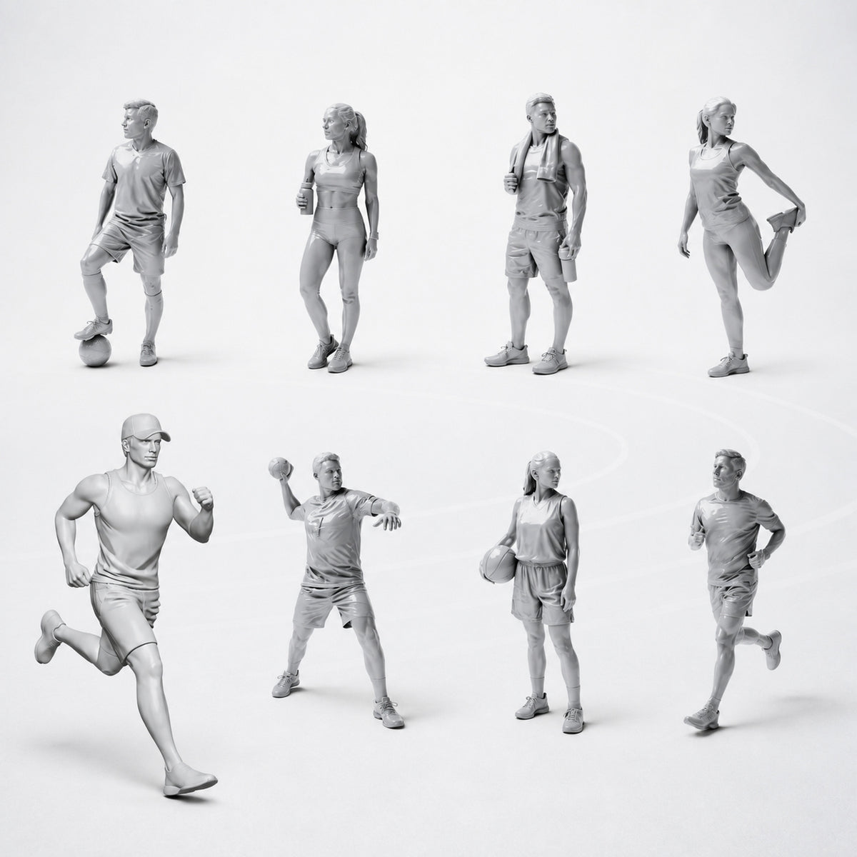 Sport, Freizeit und Athleten Figuren-Set – 8 unbemalte Resinfiguren in offener Übersicht