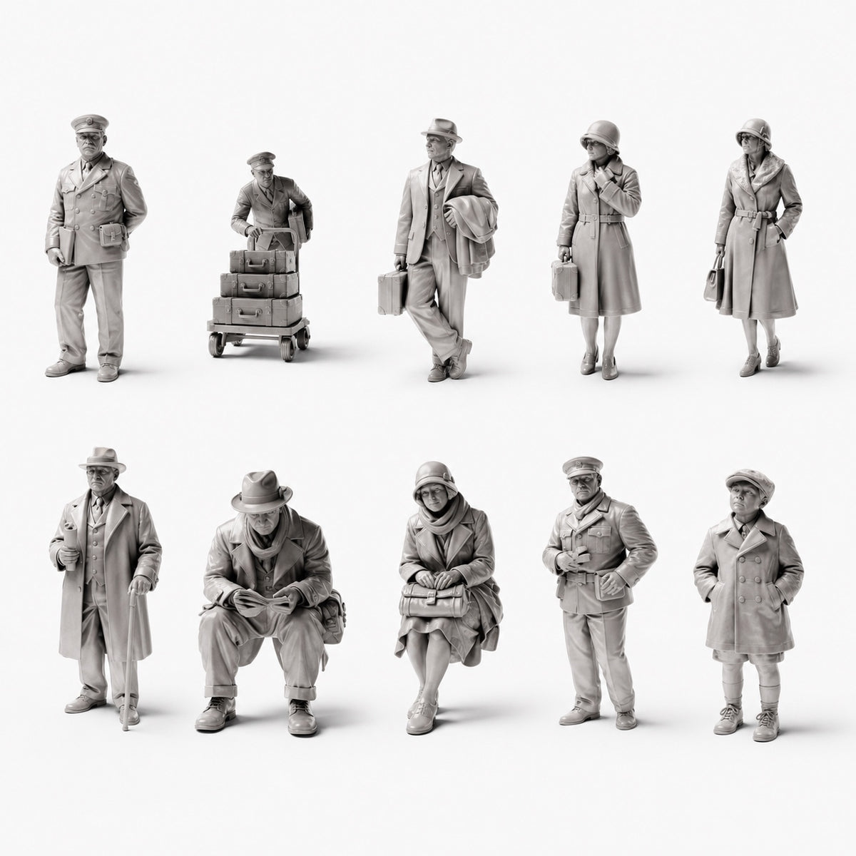 Historische Bahnhofs- und Eisenbahnfiguren – 10 unbemalte Resinfiguren in offener Übersicht