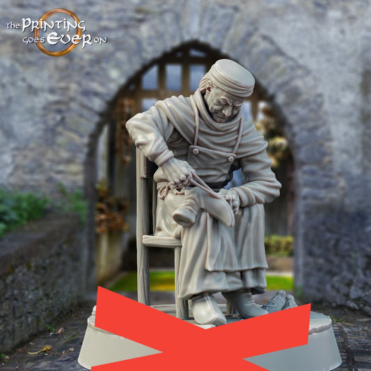 Produktfoto mittelalterliche historische Figur 75mm Scale The Printing Goes Ever On (TPGEO)  0: Mittelalterliche Ritter Figuren Dorfbewohner Schuhmacher mit Stuhl Mittelalterliche Stadt