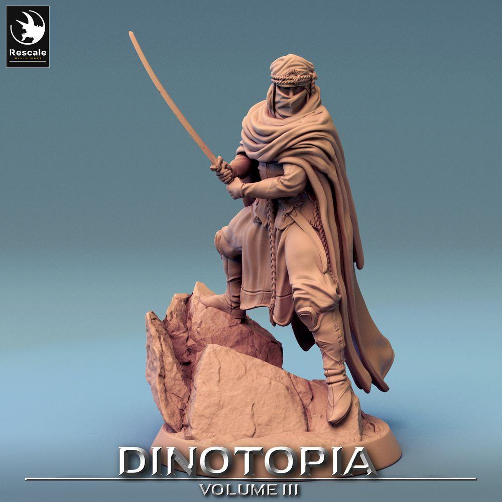 Produktfoto Tabletop 28mm Lord of the Print (LotP) 0: Fantasy Figur: Wüstenkrieger, Nomaden-Schwertkämpfer mit Krummsäbel im Hinterhalt, Schleierassassine (24_06_E2)