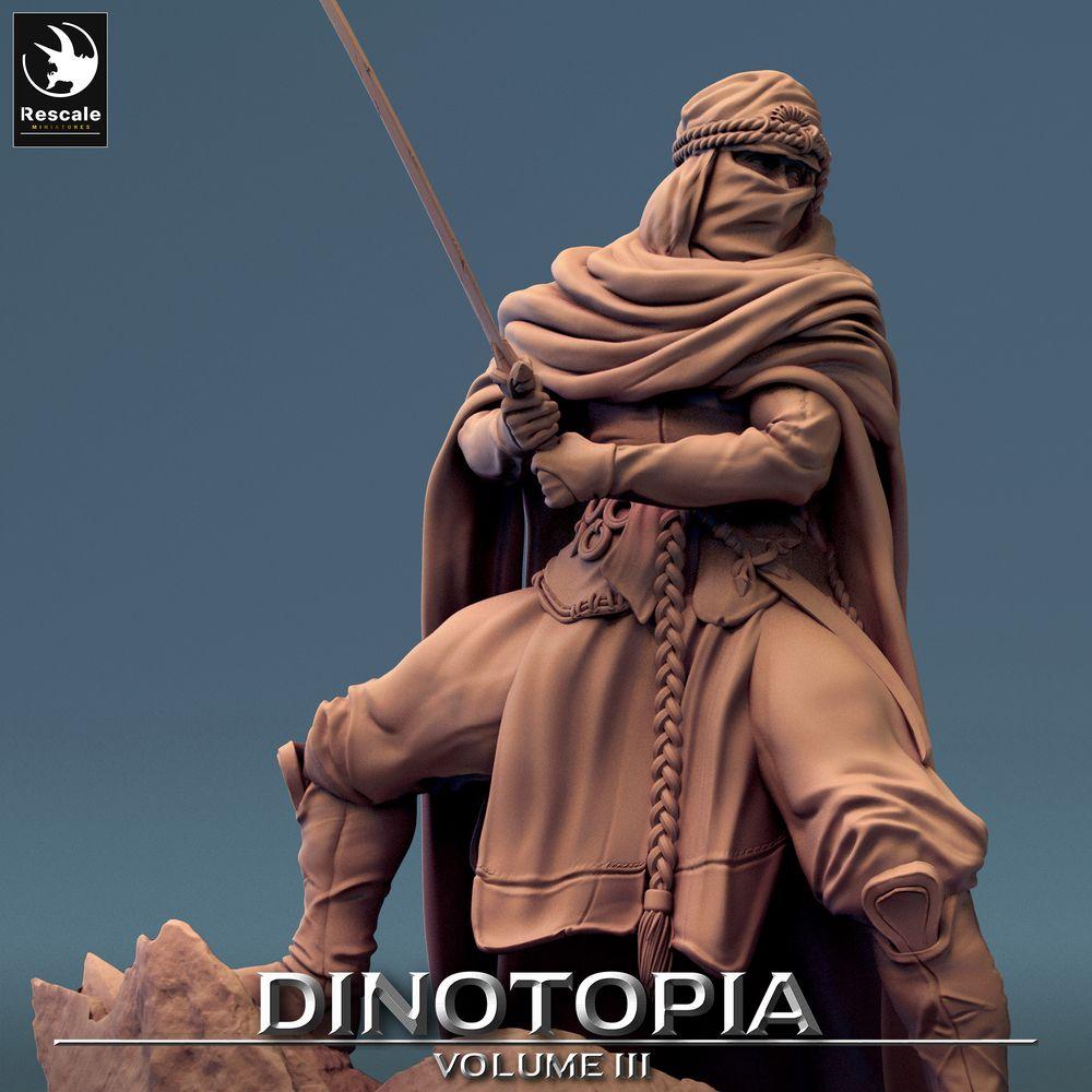 Produktfoto Tabletop 28mm Lord of the Print (LotP) 0: Fantasy Figur: Wüstenkrieger, Nomaden-Schwertkämpfer mit Krummsäbel im Hinterhalt, Schleierassassine (24_06_E2)