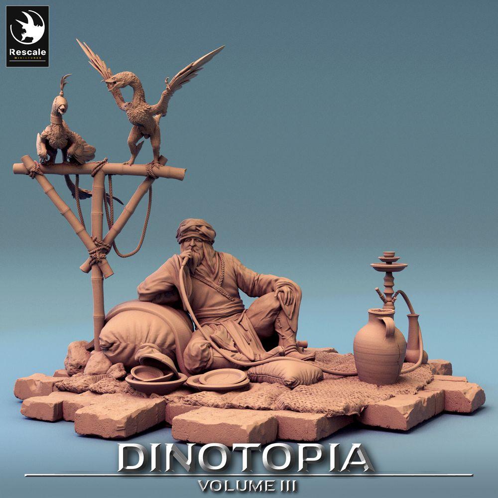 Produktfoto Tabletop 28mm Lord of the Print (LotP) 0: Fantasy Figur: Wüstenhändler und Bestienmeister, Nomaden-Karawanenführer - rastend mit Wasserpfeife und gefiederten Echsen (24_06_E27)