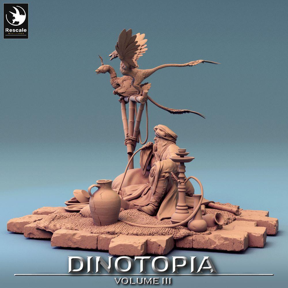 Produktfoto Tabletop 28mm Lord of the Print (LotP) 0: Fantasy Figur: Wüstenhändler und Bestienmeister, Nomaden-Karawanenführer - rastend mit Wasserpfeife und gefiederten Echsen (24_06_E27)