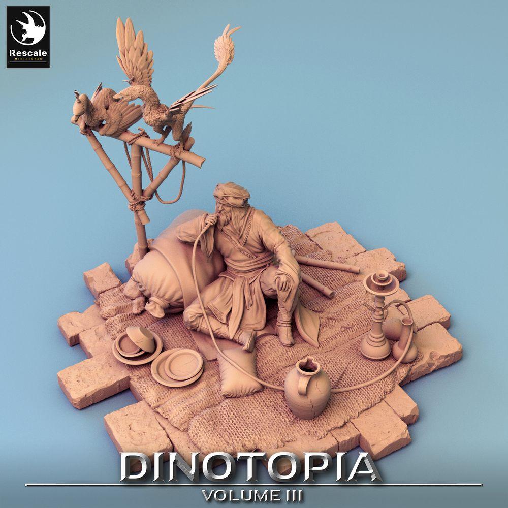 Produktfoto Tabletop 28mm Lord of the Print (LotP) 0: Fantasy Figur: Wüstenhändler und Bestienmeister, Nomaden-Karawanenführer - rastend mit Wasserpfeife und gefiederten Echsen (24_06_E27)