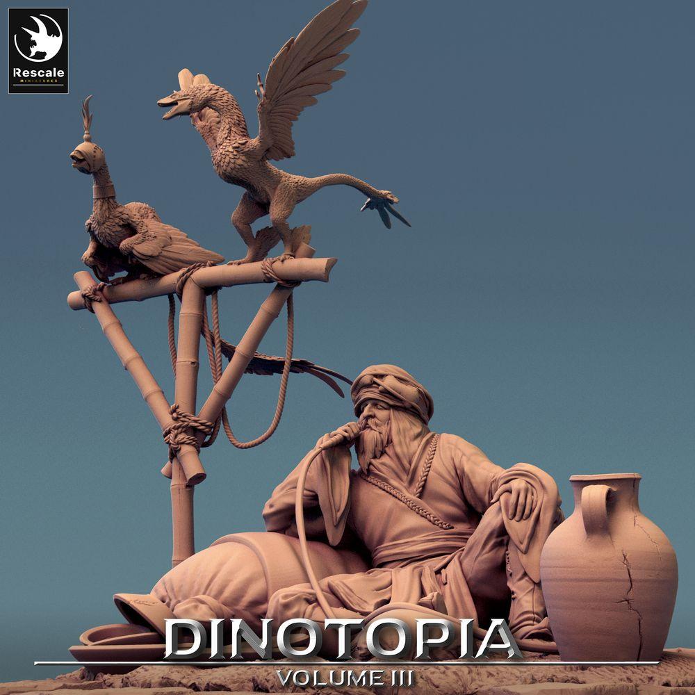 Produktfoto Tabletop 28mm Lord of the Print (LotP) 0: Fantasy Figur: Wüstenhändler und Bestienmeister, Nomaden-Karawanenführer - rastend mit Wasserpfeife und gefiederten Echsen (24_06_E27)