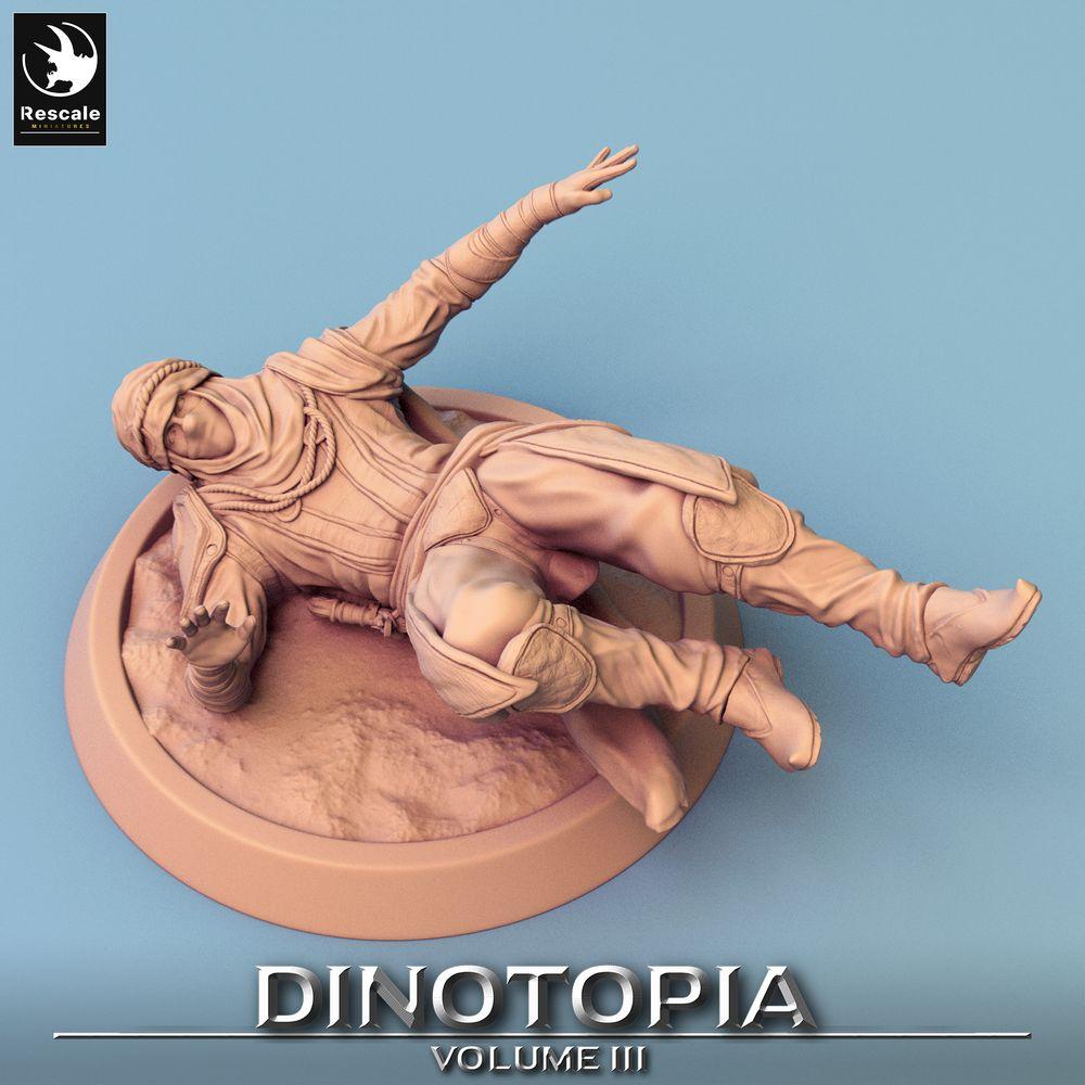Produktfoto Tabletop 28mm Lord of the Print (LotP) 0: Tabletop Miniatur: Wüsten‑Nomadenkrieger / Assassine / Schurke - dynamische Sturzpose mit Effekt‑Szenenbase für Skirmish und Wargame (24_06_D3)